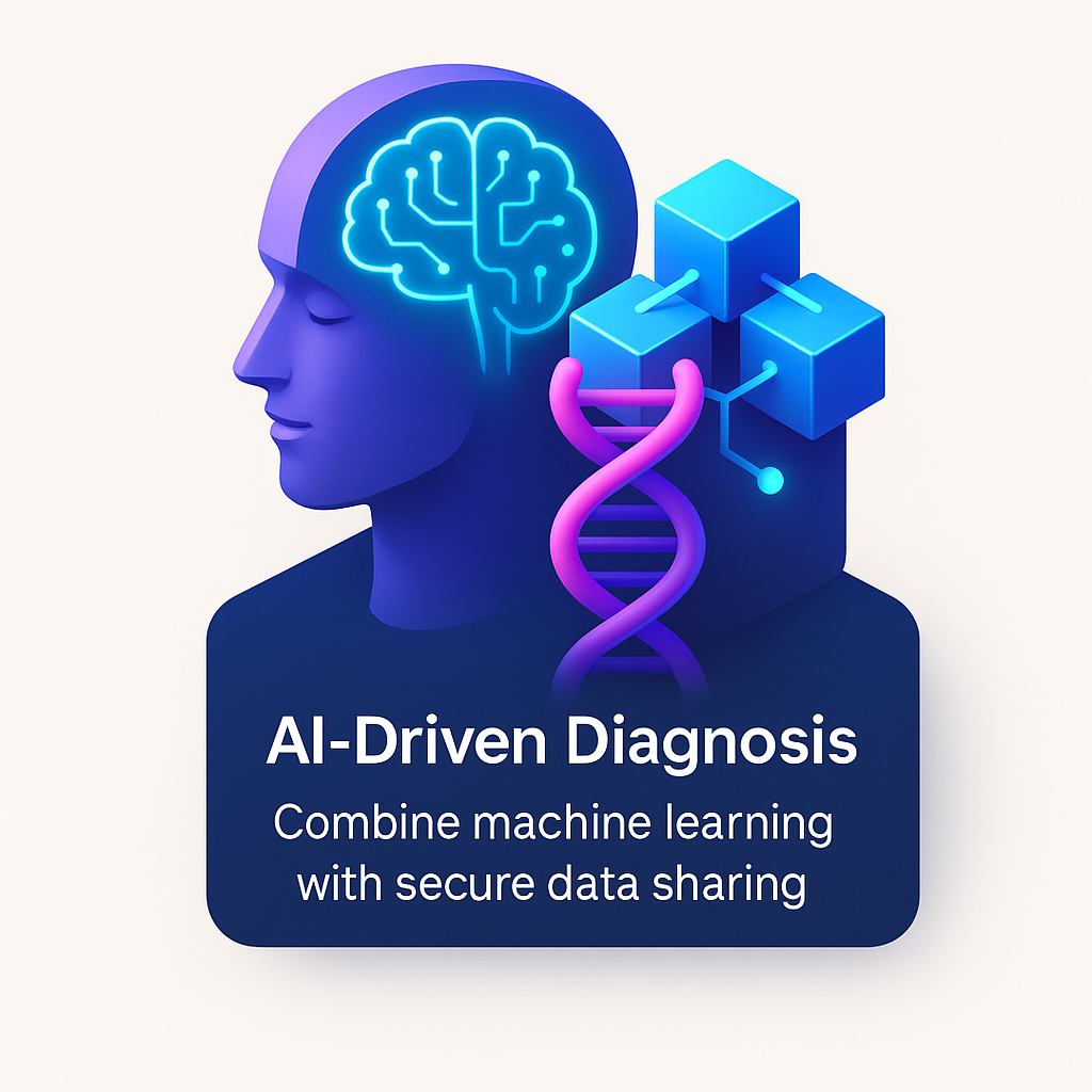 AI-Driven Diagnosis Icon – A stylized 3D isometric illustration showing an AI brain and medical cross connected to secure blockchain nodes, symbolizing machine learning applied to securely shared biomedical data.