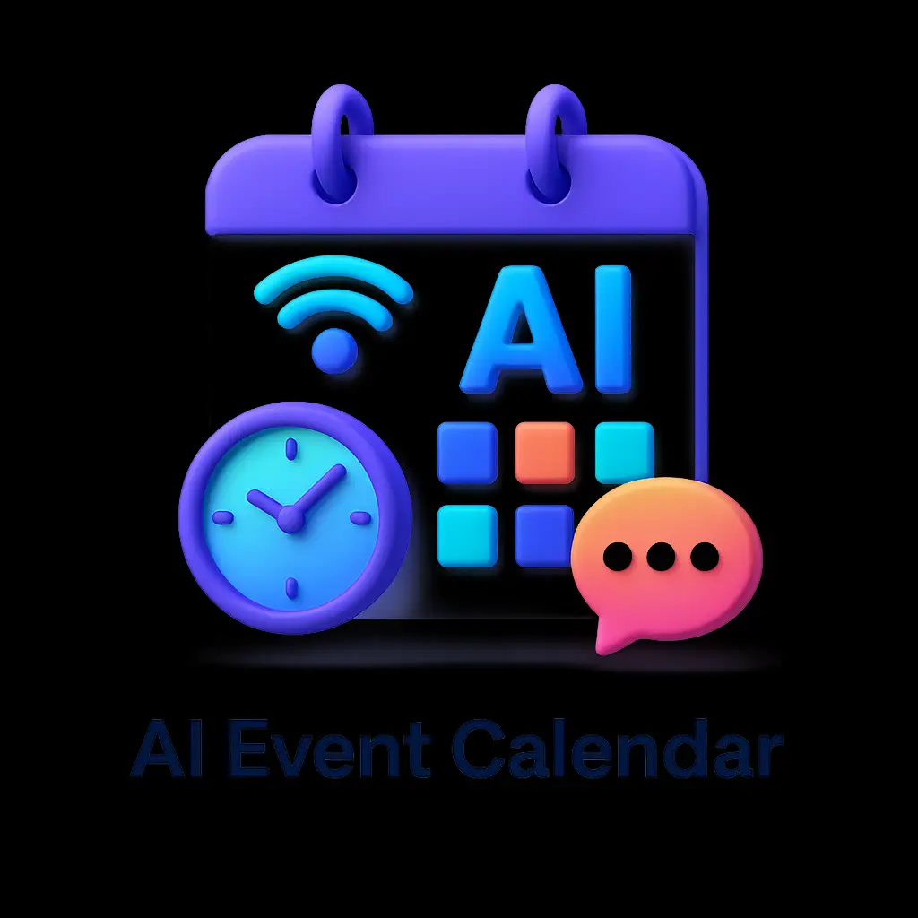 3D icon of a digital calendar displaying AI-themed elements like circuit lines, event dots, and futuristic UI design.