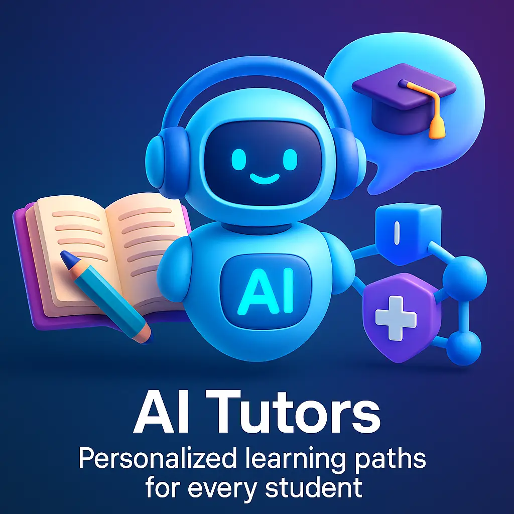 A 3D-rendered digital illustration of a futuristic AI tutor hologram interacting with a student avatar through a virtual interface, symbolizing personalized education and adaptive learning technologies.