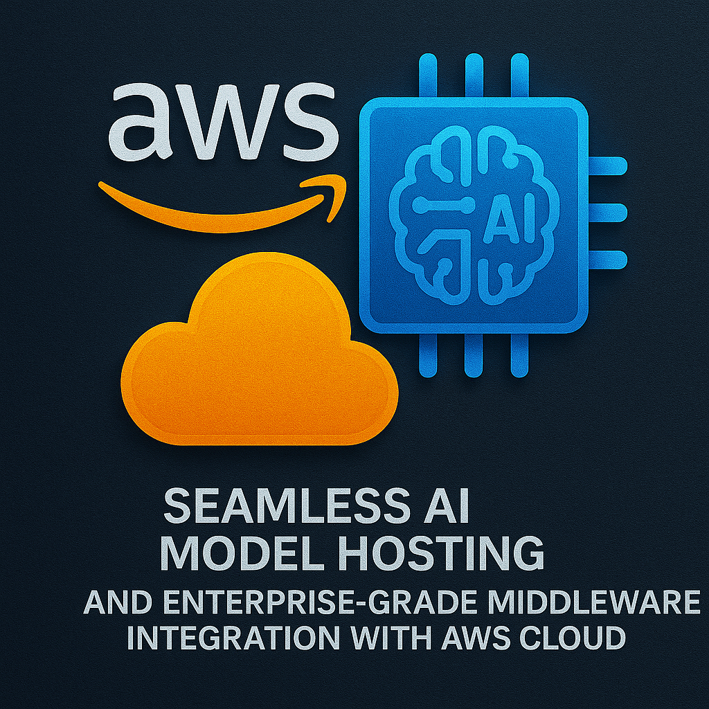 Amazon Web Services (AWS) logo with cloud infrastructure, AI pipelines, and serverless icons integrated into a scalable digital ecosystem.