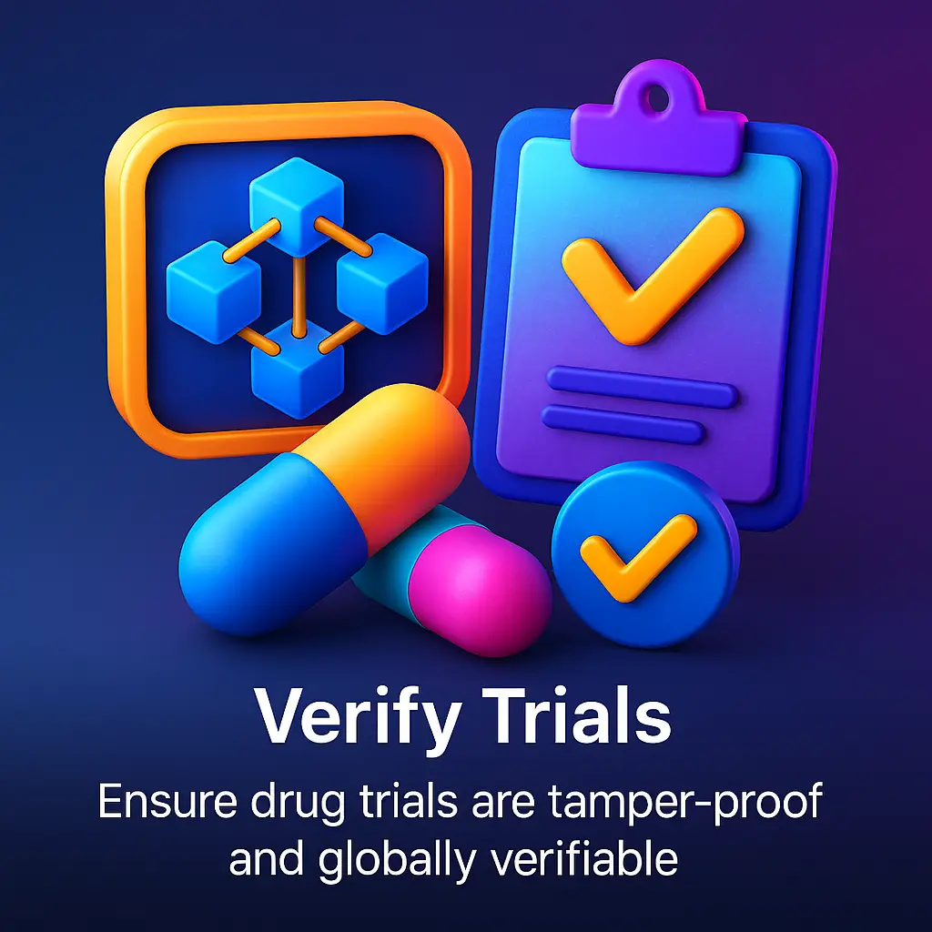 “3D icon illustrating interconnected DNA helix and blockchain nodes, symbolizing secure and verifiable biomedical trial processes.”