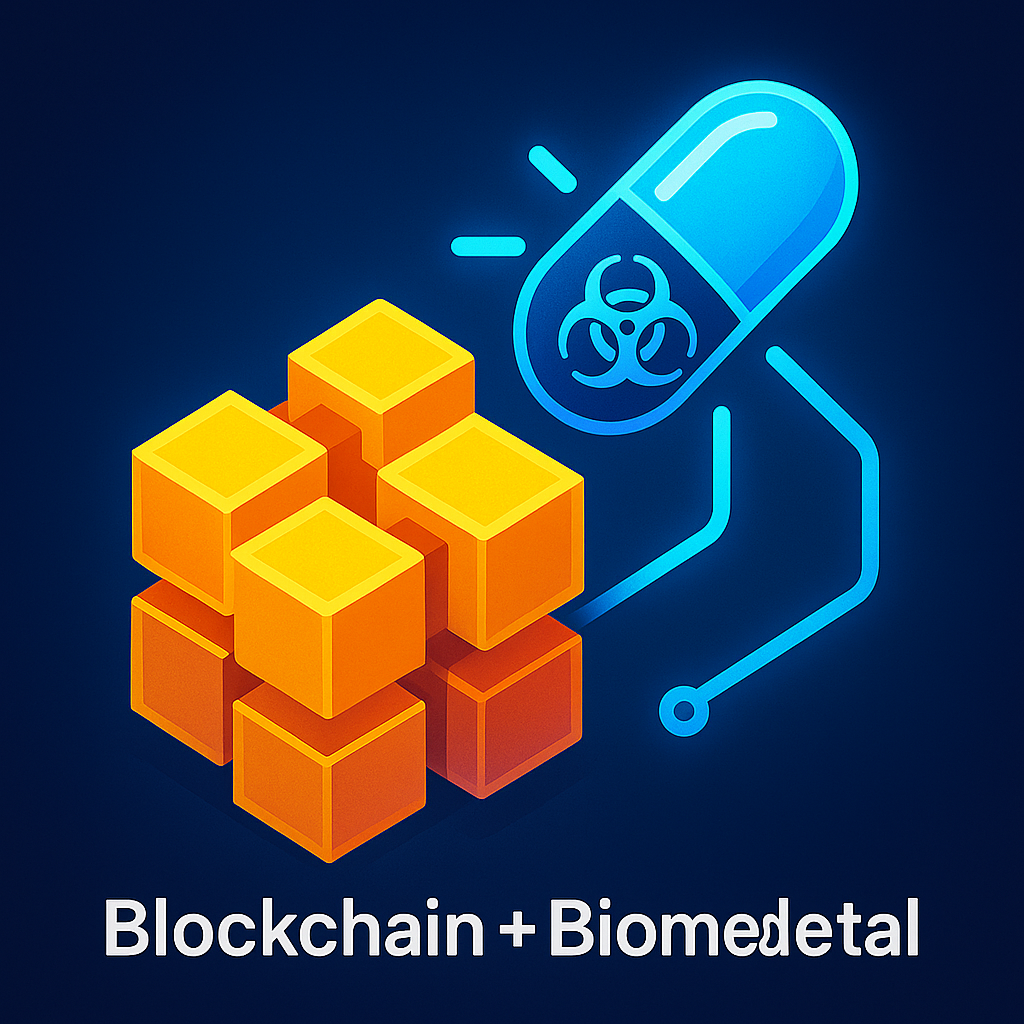A 3D icon combining a DNA helix and a secure digital blockchain chain link, symbolizing the integration of blockchain technology in biomedical data protection and research.
