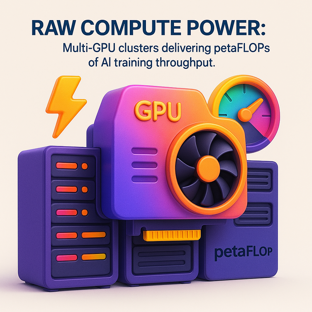 3D icon showing a high-performance AI compute cluster with multiple interconnected GPUs emitting data streams and glowing lights, symbolizing raw AI processing power.