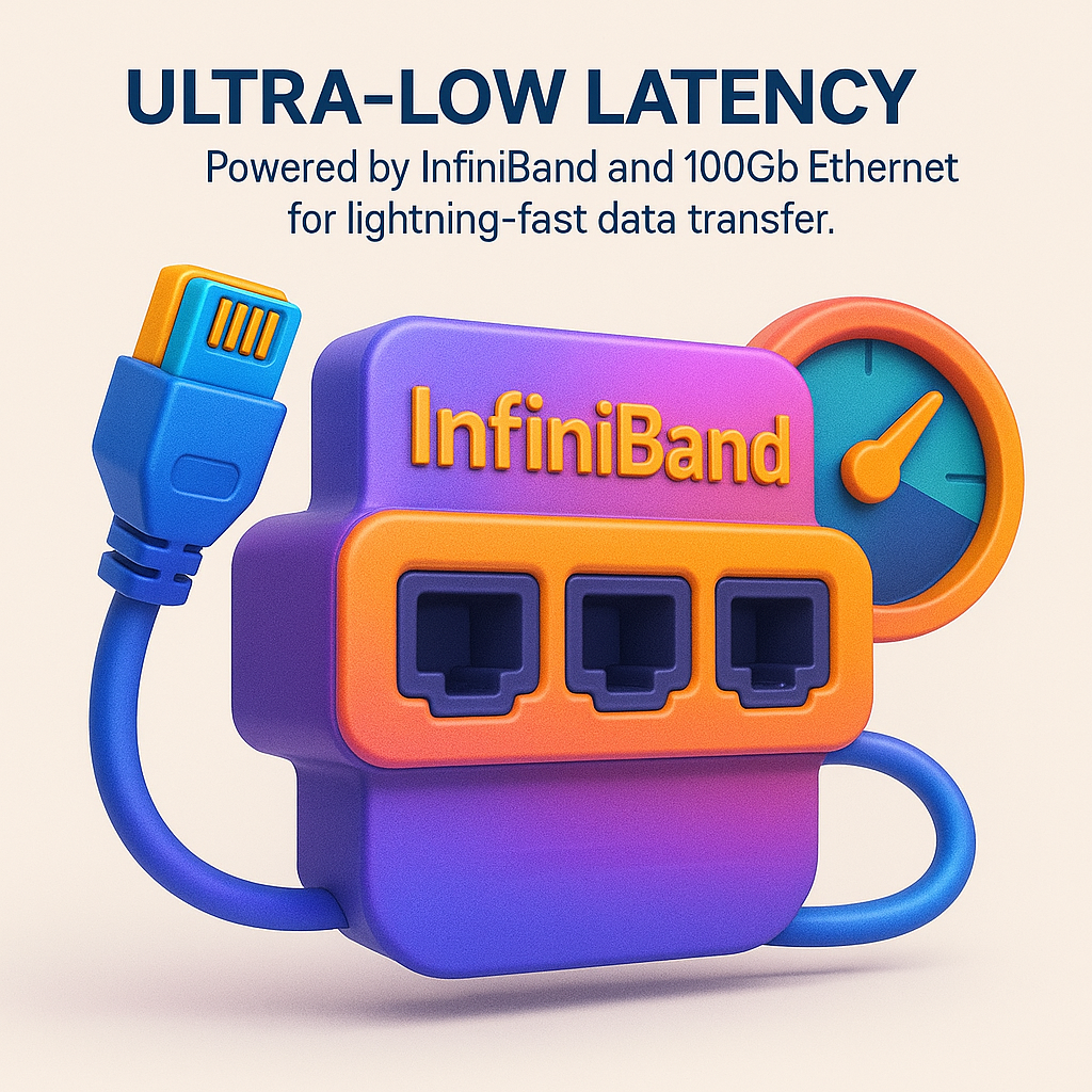 3D-rendered icon of a high-speed data network with glowing InfiniBand and Ethernet ports, representing ultra-low latency infrastructure for real-time AI processing.