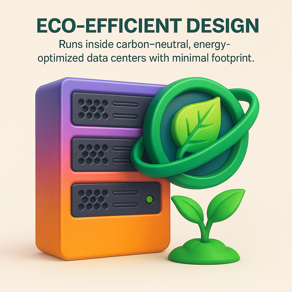 3D-rendered illustration of a green data center surrounded by trees and solar panels, symbolizing carbon-neutral and energy-efficient AI infrastructure.