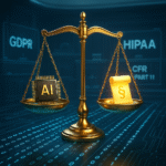 A golden scale of justice balances an AI chip and a legal scroll over a digital data floor, with glowing binary code and transparent regulatory screens showing GDPR, HIPAA, and CFR 21 Part 11 in the background.