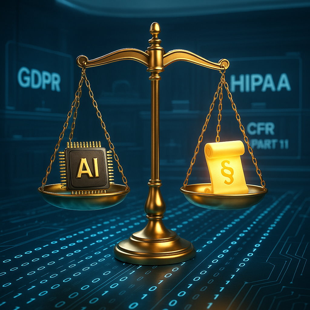 A golden scale of justice balances an AI chip and a legal scroll over a digital data floor, with glowing binary code and transparent regulatory screens showing GDPR, HIPAA, and CFR 21 Part 11 in the background.