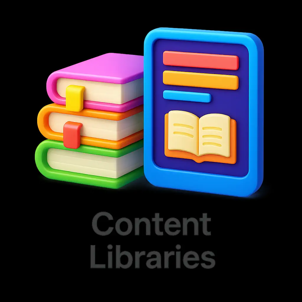 3D icon depicting a digital content library for education, with organized books, folders, and cloud elements symbolizing online access and scalable learning.