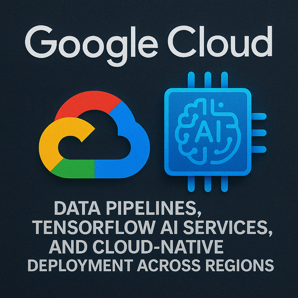 Google Cloud Platform (GCP) logo overlaid on a neural data center with TensorFlow nodes and smart analytics dashboards.