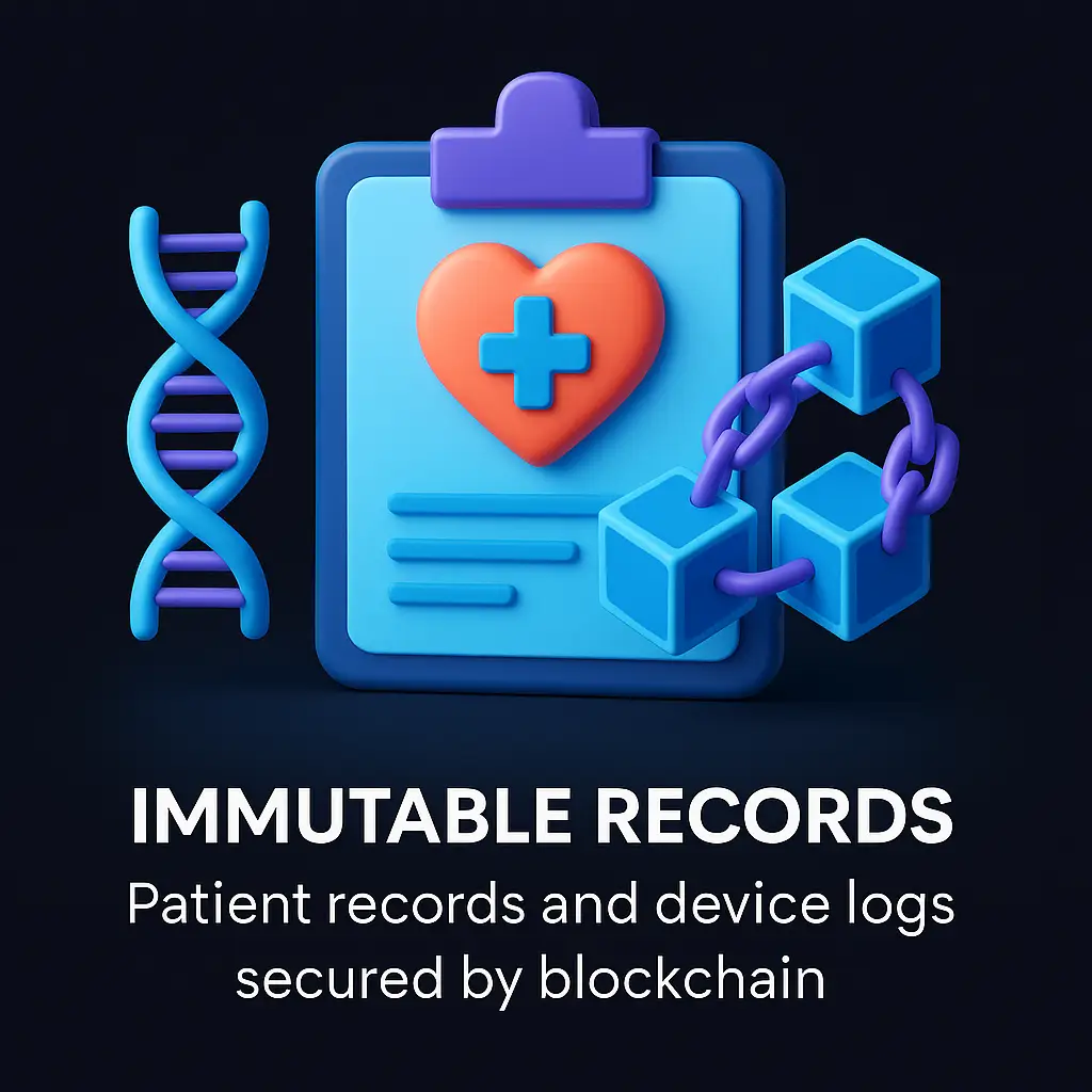 3D icon representing blockchain-secured medical records and device logs, featuring a DNA helix intertwined with a digital lock and ledger.