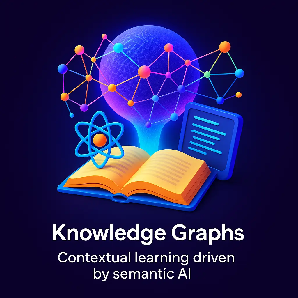 A 3D-rendered digital illustration showing a network of interconnected nodes and data streams forming a glowing neural-style web, representing AI-powered knowledge graphs in an educational context.