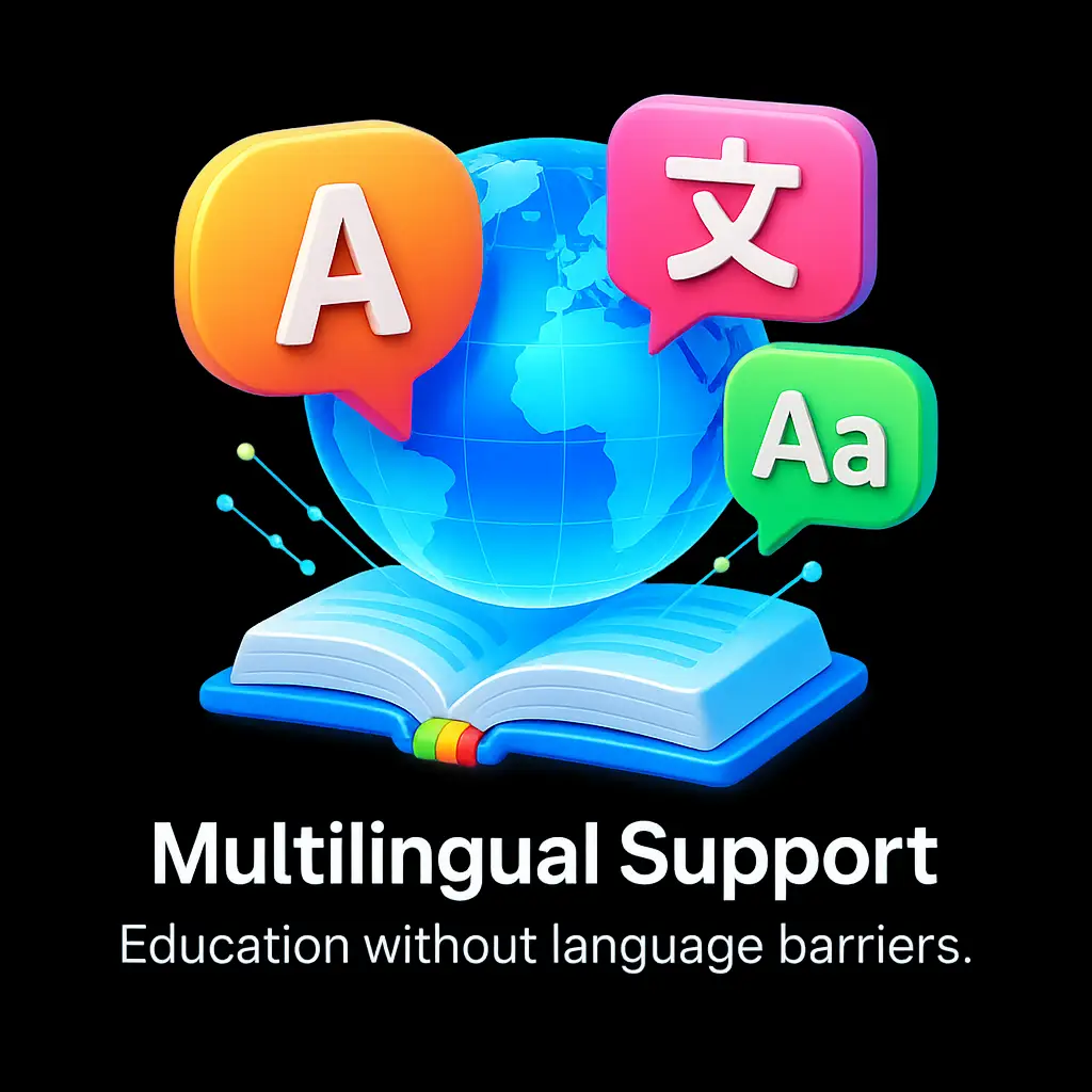 A 3D digital icon illustrating global education with multilingual support, featuring open books, language symbols (like A, 文, अ), and a globe, symbolizing universal access to knowledge across languages.