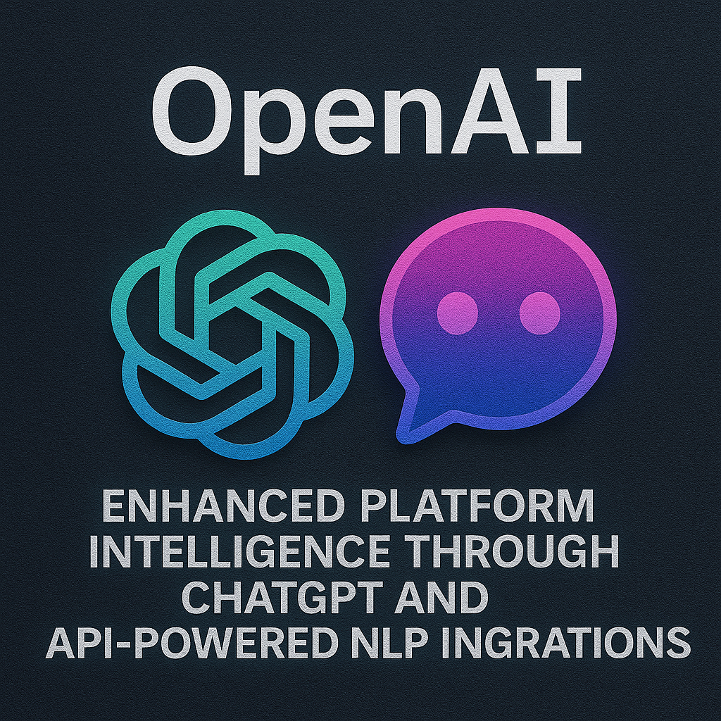 OpenAI logo surrounded by code, chatbot interfaces, and intelligent APIs, symbolizing deep integration with GPT models.