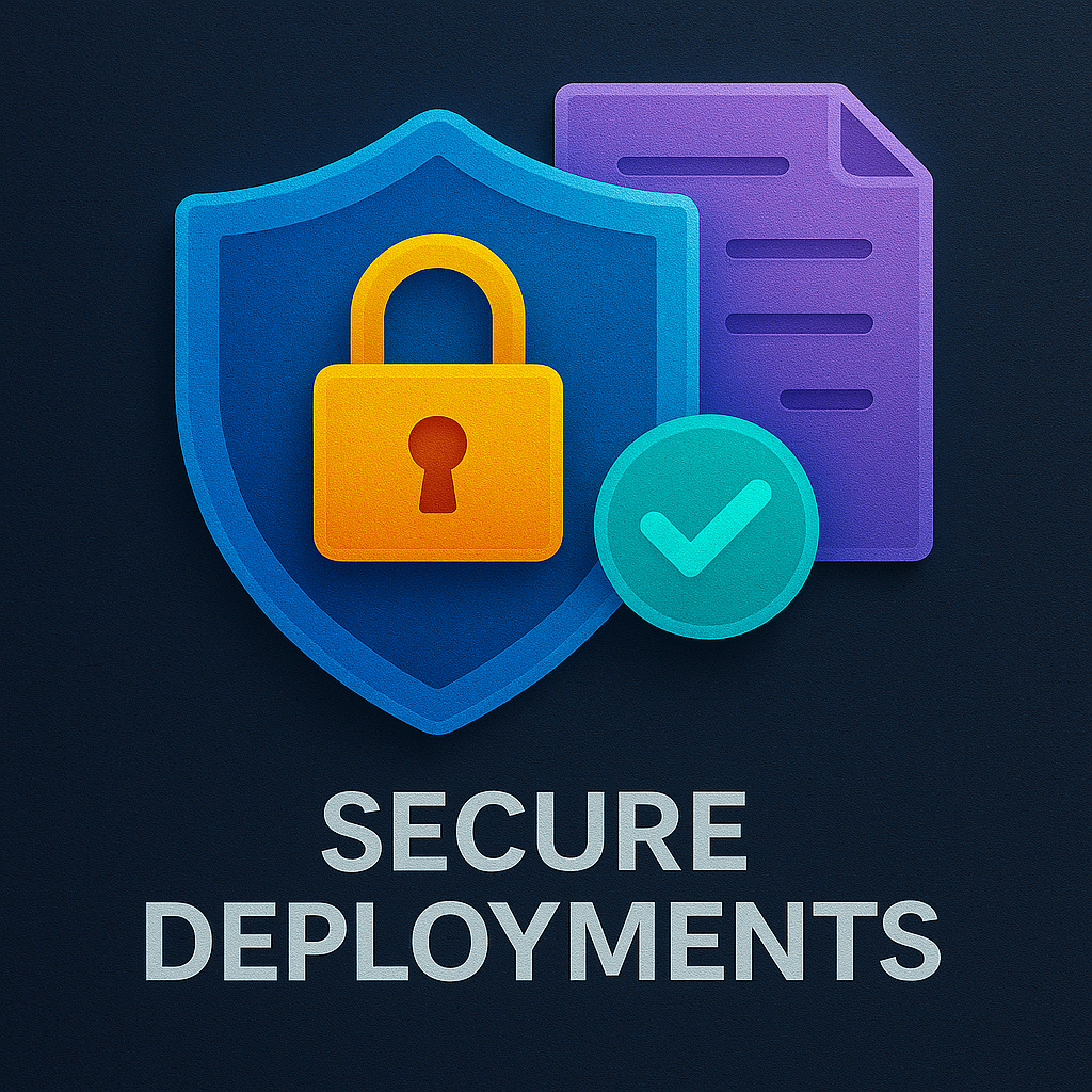 A high-tech visualization of AI systems being deployed securely across cloud and edge environments, with encryption layers, firewalls, and real-time monitoring dashboards glowing in a secure control room.