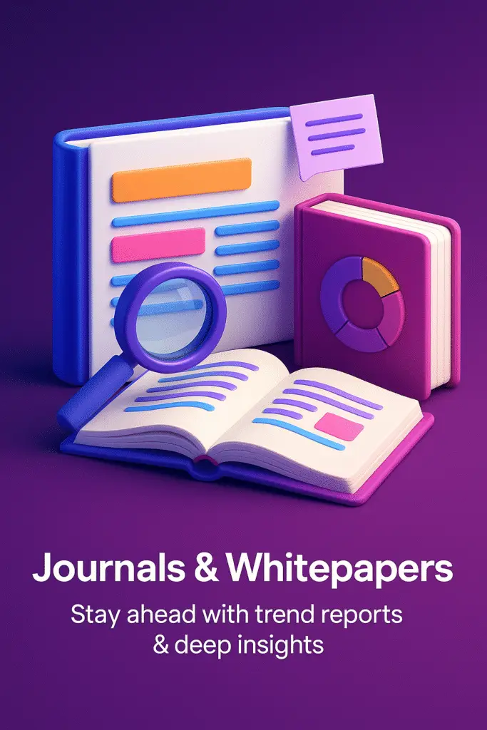 3D icon representing journals and whitepapers with AI-enhanced design; an open book and digital charts floating above in a glowing academic environment.