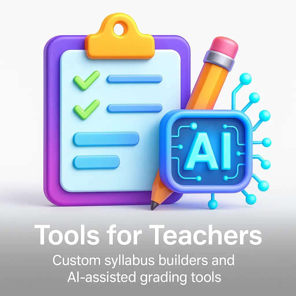 A 3D-rendered digital icon showing an educator interacting with a futuristic digital interface, symbolizing AI-driven tools for curriculum design and grading support.