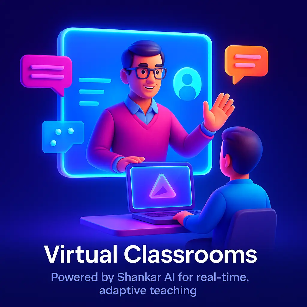 A 3D-rendered digital illustration of a futuristic AI tutor hologram interacting with a student avatar through a virtual interface, symbolizing personalized education and adaptive learning technologies.